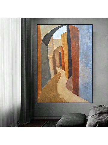This large hand-painted oil mural features an abstract retro architecture design, making it an ideal statement piece for stylish home or office interiors. Crafted on high-quality canvas, it offers rich textures and vivid colors that enhance modern décor, adding depth and artistic flair to any space. Its bold composition complements contemporary environments, creating an inspiring atmosphere through sophisticated visual impact.