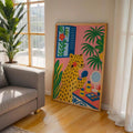 Whimsical leopard makeup canvas poster with tropical leaves and cosmetics