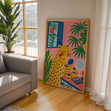 Whimsical leopard makeup canvas poster with tropical leaves and cosmetics