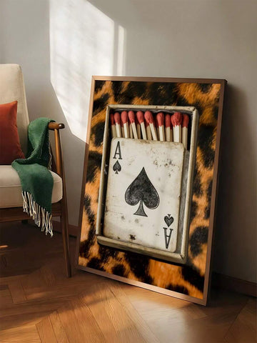 Leopard wall art ace of spades matchbox print leaning in warm room with red matches