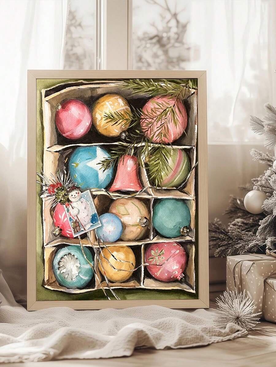 Watercolor Christmas baubles in a rustic divided box with evergreen sprigs