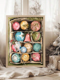 Watercolor Christmas baubles in a rustic divided box with evergreen sprigs