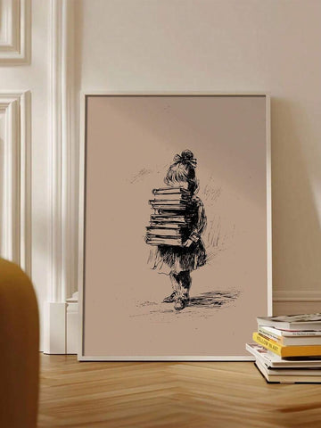Literary canvas poster of little girl carrying a stack of books on blush background