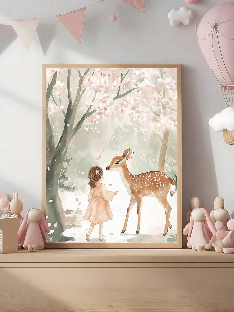 Little girl and fawn wall art in soft forest scene