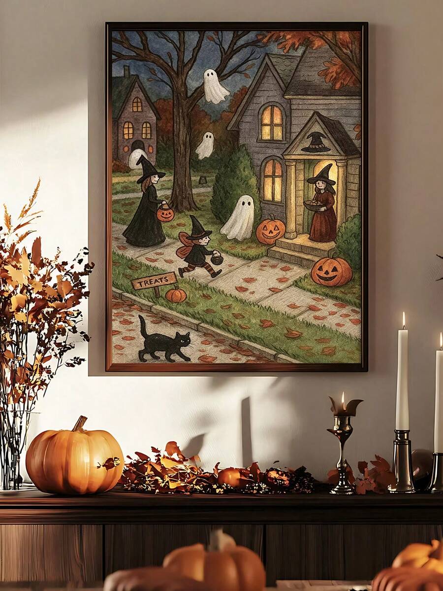 Vintage witch village Halloween art with ghosts and black cat above autumn decor