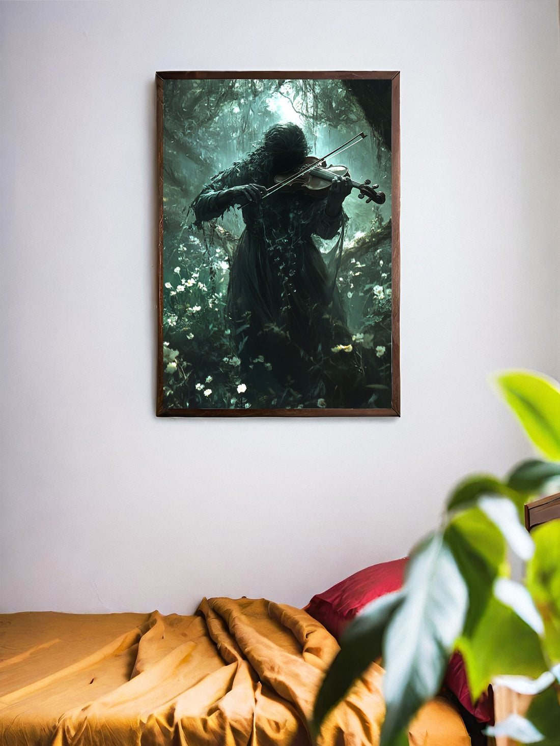 Transform your living room into a serene and enchanting space with our Lonely Violinist In The Middle Of The Flower Forest Canvas Poster Wall Art. The vivid colors and detailed depiction of the forest, coupled with the beautiful violinist, will transport you to a peaceful state of mind. Perfect for your living room, sofa backdrop, bedside or as a home decor. No frame included.