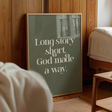Long Story Short God Made A Way Christian Canvas poster in green. A meaningful faith inspired design for bedrooms, prayer spaces, and home decor.