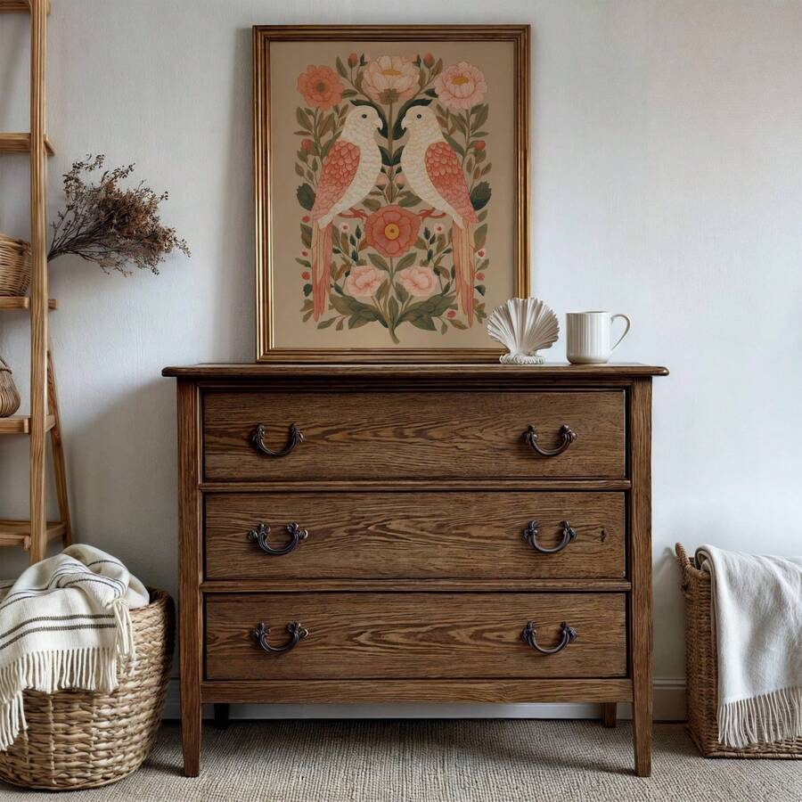 Framed love birds botanical canvas leaning beside wood cabinet in neutral living room