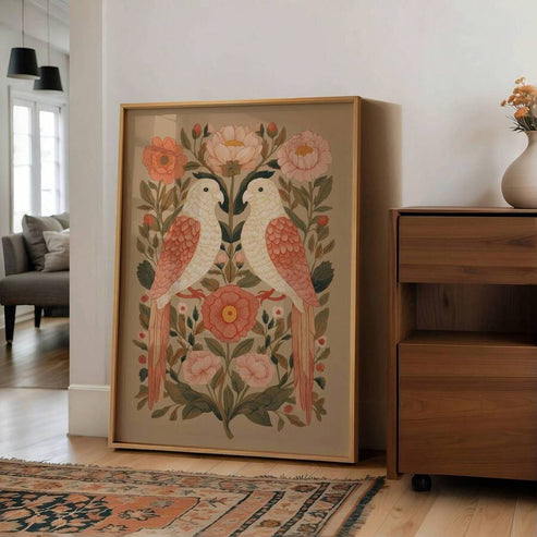 Love Birds Canvas Wall Art – Scandinavian Folk Art Botanical Print