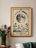 Lunar specimen moon phase and botanical poster displayed above a wood cabinet