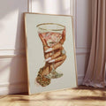 Gold-framed luxury cocktail hand canvas poster leaning beside blush curtains on herringbone flooring