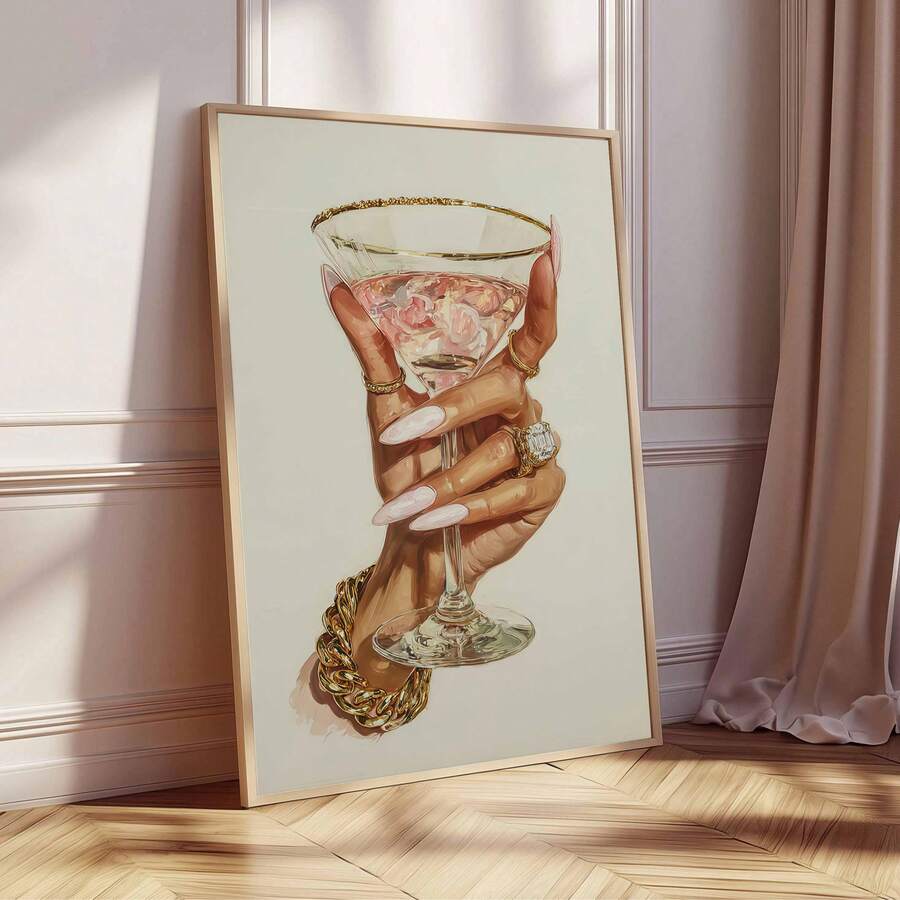 Gold-framed luxury cocktail hand canvas poster leaning beside blush curtains on herringbone flooring