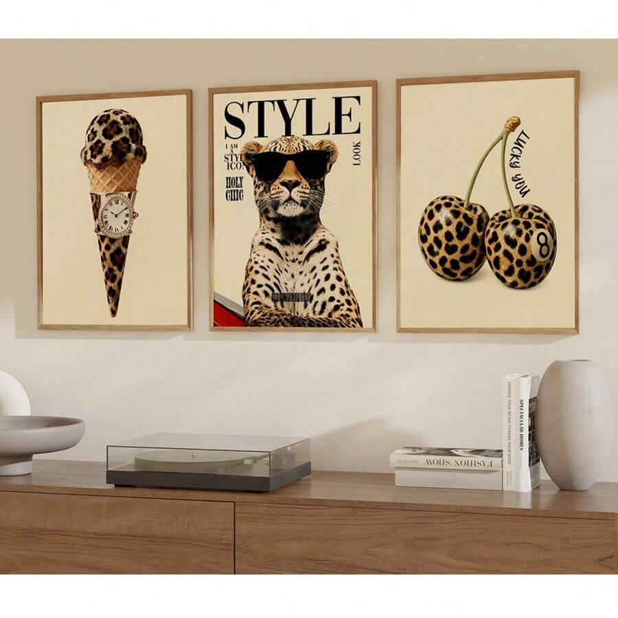 Three piece leopard fashion canvas wall art set in light wood frames