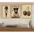Three piece leopard fashion canvas wall art set in light wood frames