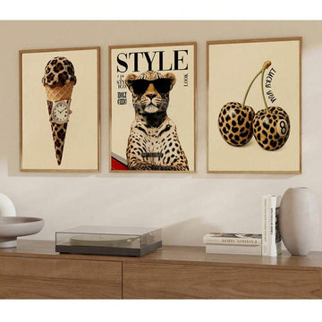Three piece leopard fashion canvas wall art set in light wood frames