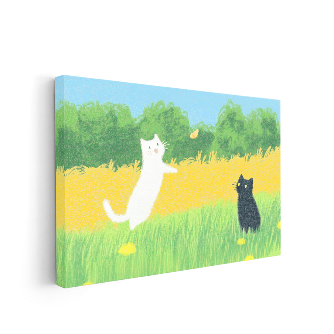 Add a touch of whimsy to your living room, sofa backdrop, or bedside with our Playful Cats Canvas Wall Art. Featuring white and black cats frolicking in a field, this piece is a charming addition to any home decor. Made of high-quality canvas, it adds a playful touch to your space.