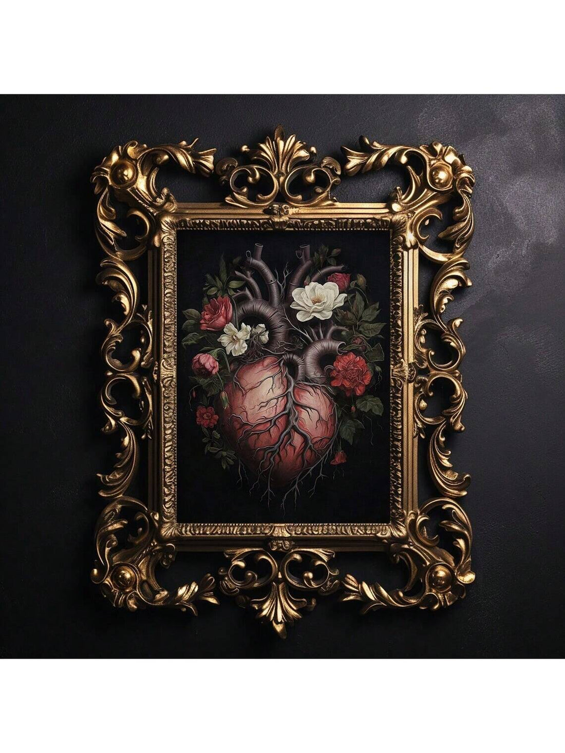 This Macabre Heart &amp; Flowers Wall Art combines gothic aesthetics with vintage charm, making it an ideal piece for dark academia decor. The intricate design features a macabre heart entwined with delicate flowers, evoking a sense of mystery and timeless elegance. Perfect for adding depth and character to any space, this poster enhances your environment with a sophisticated, scholarly atmosphere. Crafted to appeal to enthusiasts of gothic and vintage styles, it serves as a striking focal point that comple