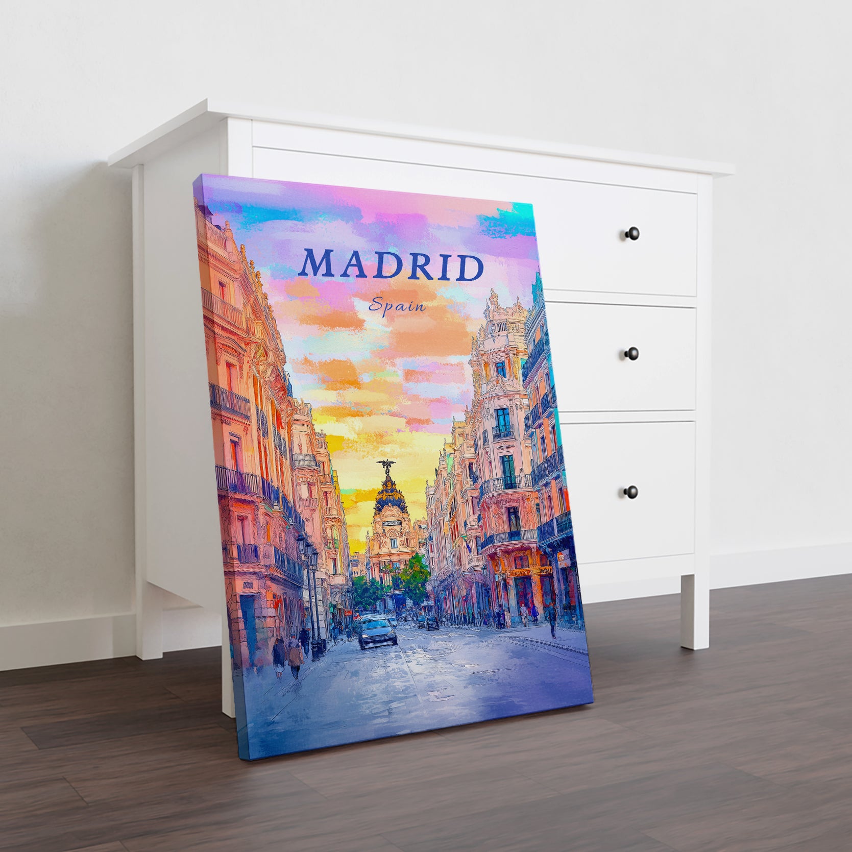 Explore the beauty of Madrid with this stunning canvas wall art in your home. Featuring a cityscape of Gran Via street with a picturesque sunset sky, this piece is perfect for decorating your living room, sofa backdrop, or bedside. Add a touch of elegance and sophistication to your home decor with this unique and eye-catching piece.