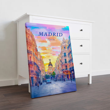 Explore the beauty of Madrid with this stunning canvas wall art in your home. Featuring a cityscape of Gran Via street with a picturesque sunset sky, this piece is perfect for decorating your living room, sofa backdrop, or bedside. Add a touch of elegance and sophistication to your home decor with this unique and eye-catching piece.