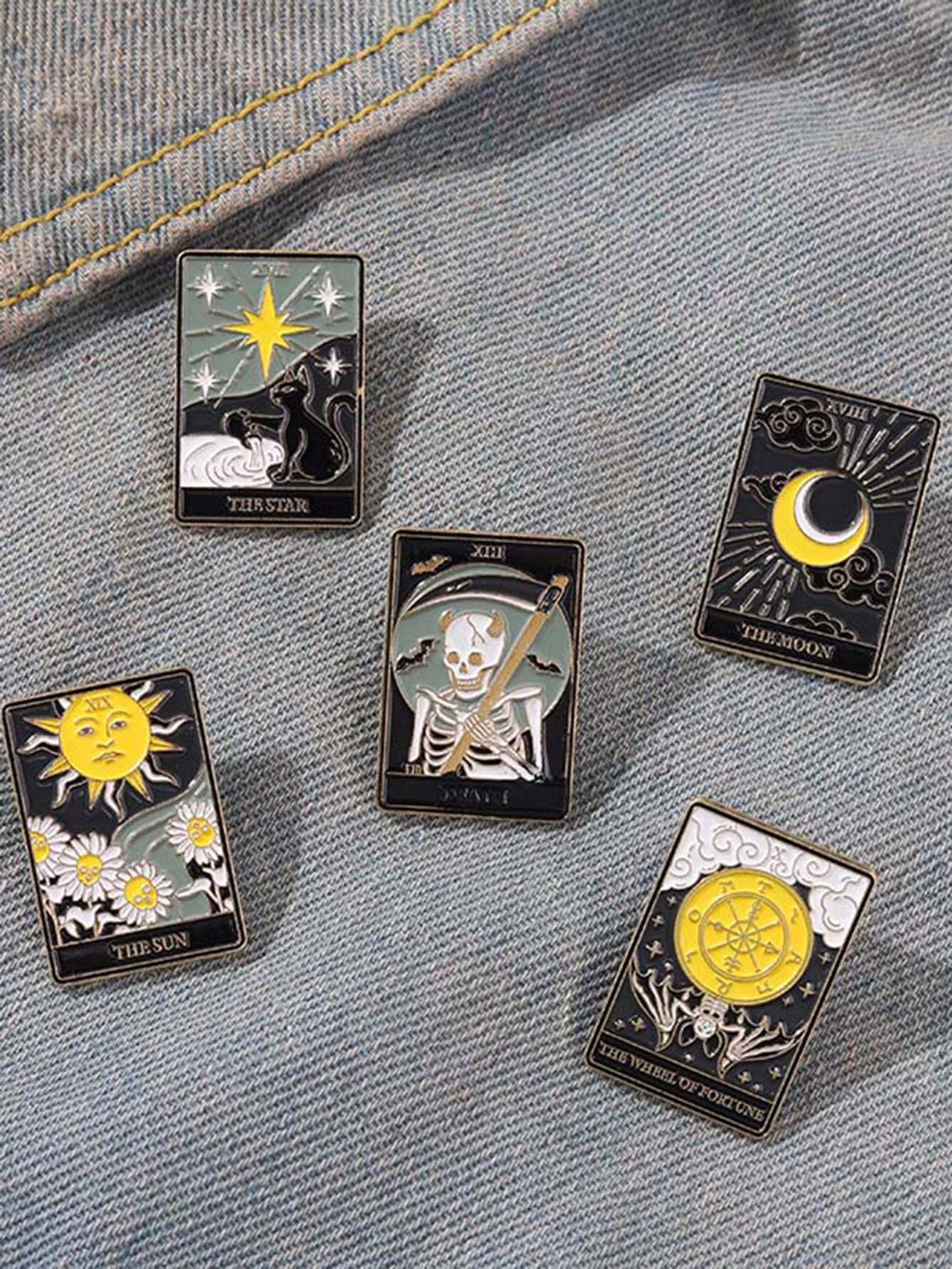 Upgrade your style with these enchanting Magical Tarot Enamel Brooch Pins. Featuring intricate designs of the Sun, Moon, Stars, and Skulls, they add a mystical touch to any outfit. Made with high-quality enamel and durable metal, these pins are a perfect gift for Tarot enthusiasts and occult lovers.