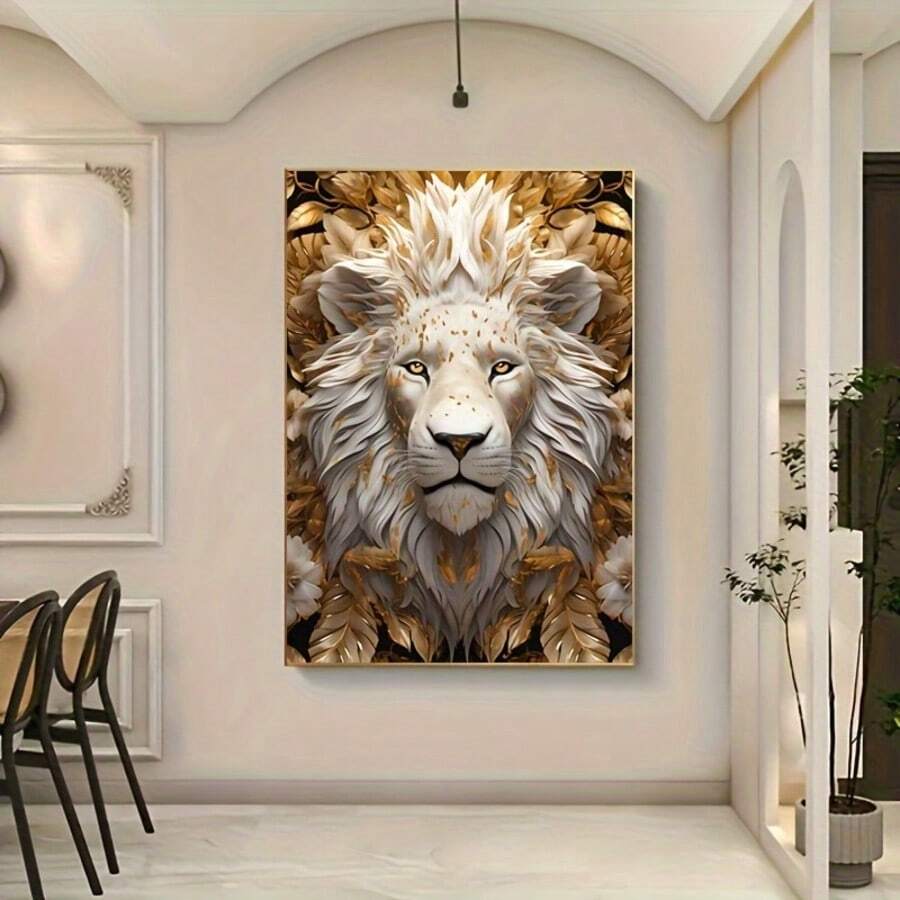Elevate your space with this stunning Majestic White Lion Canvas Art, a striking fusion of wildlife elegance and contemporary design. Featuring a noble white lion adorned with shimmering golden feathers, this piece brings sophistication and drama to any room.