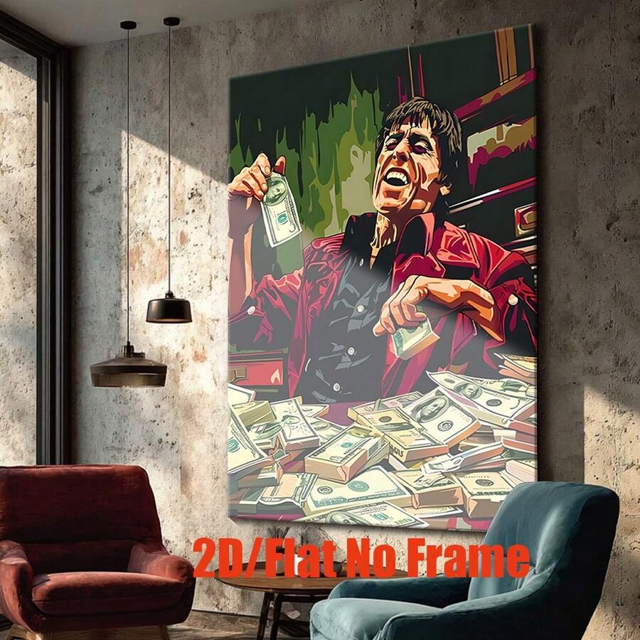 Unframed man and money graphic canvas poster in an industrial living room