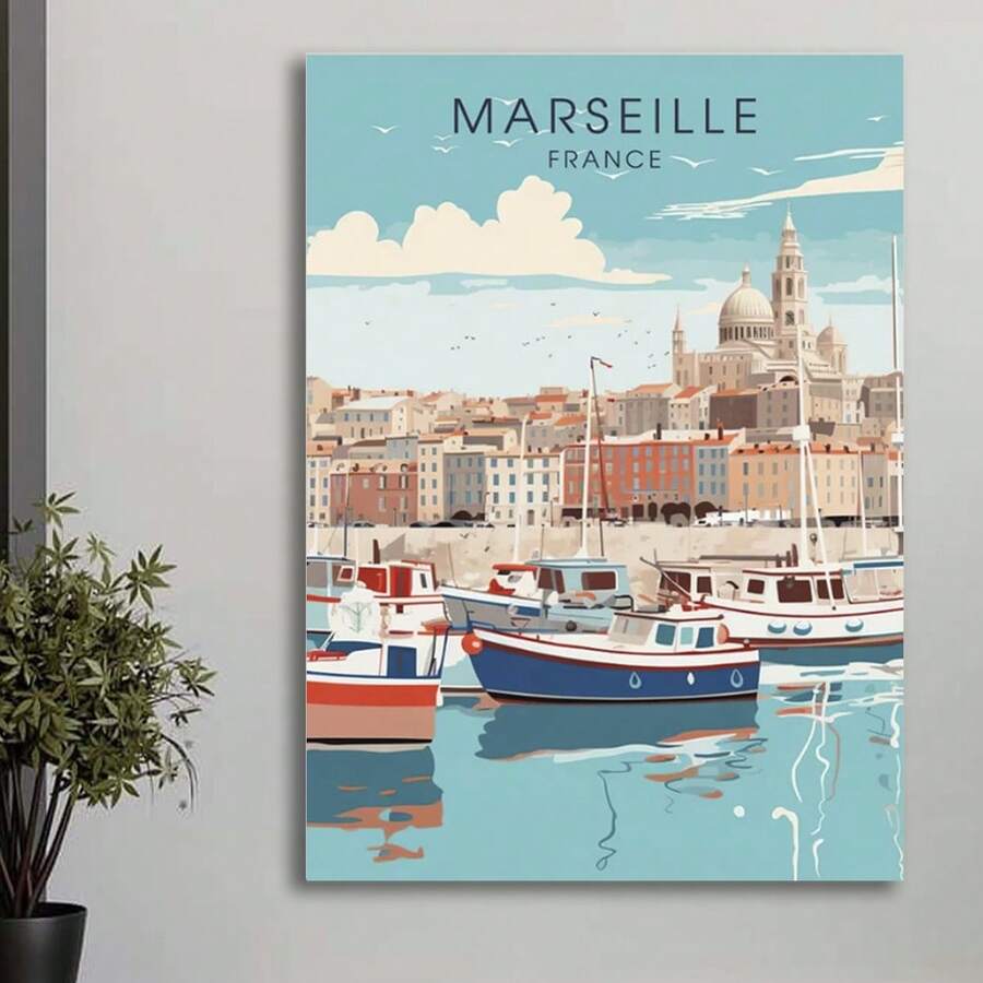 Marseille France vintage travel poster with harbor boats and basilica skyline on gray wall