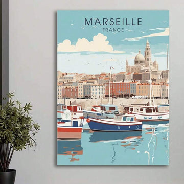Marseille France vintage travel poster with harbor boats and basilica skyline on gray wall