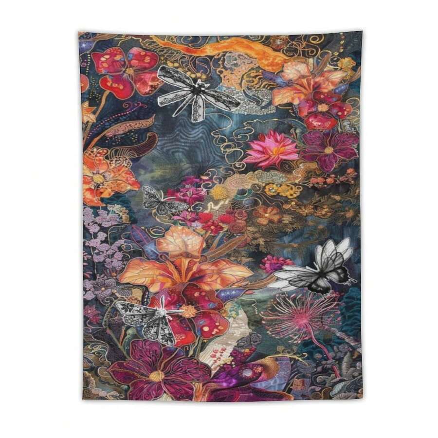 Maximalist boho tapestry with mystical florals dragonflies and butterfly in teal magenta orange and gold