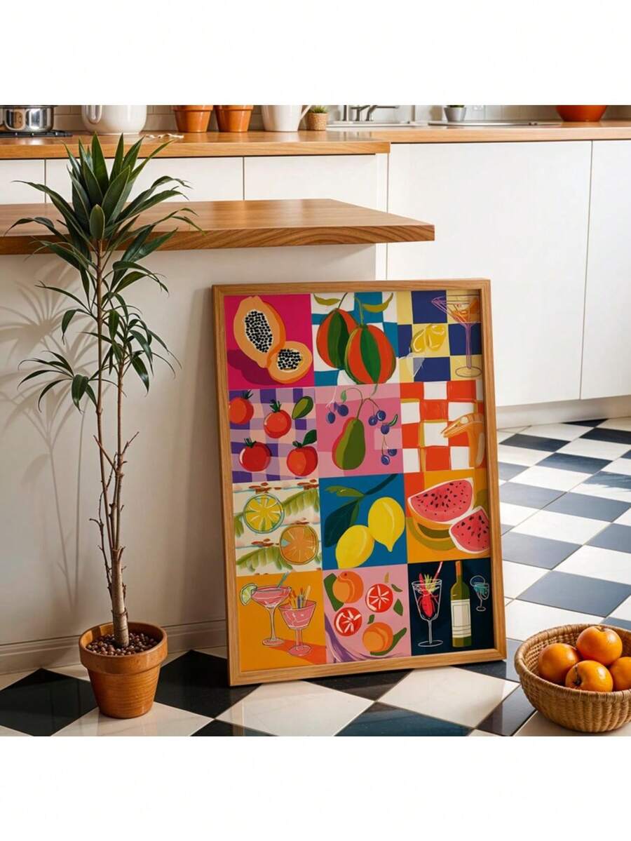 Colorful framed pop-art fruit collage with citrus, watermelon, tropical fruit, and cocktails in a bright kitchen