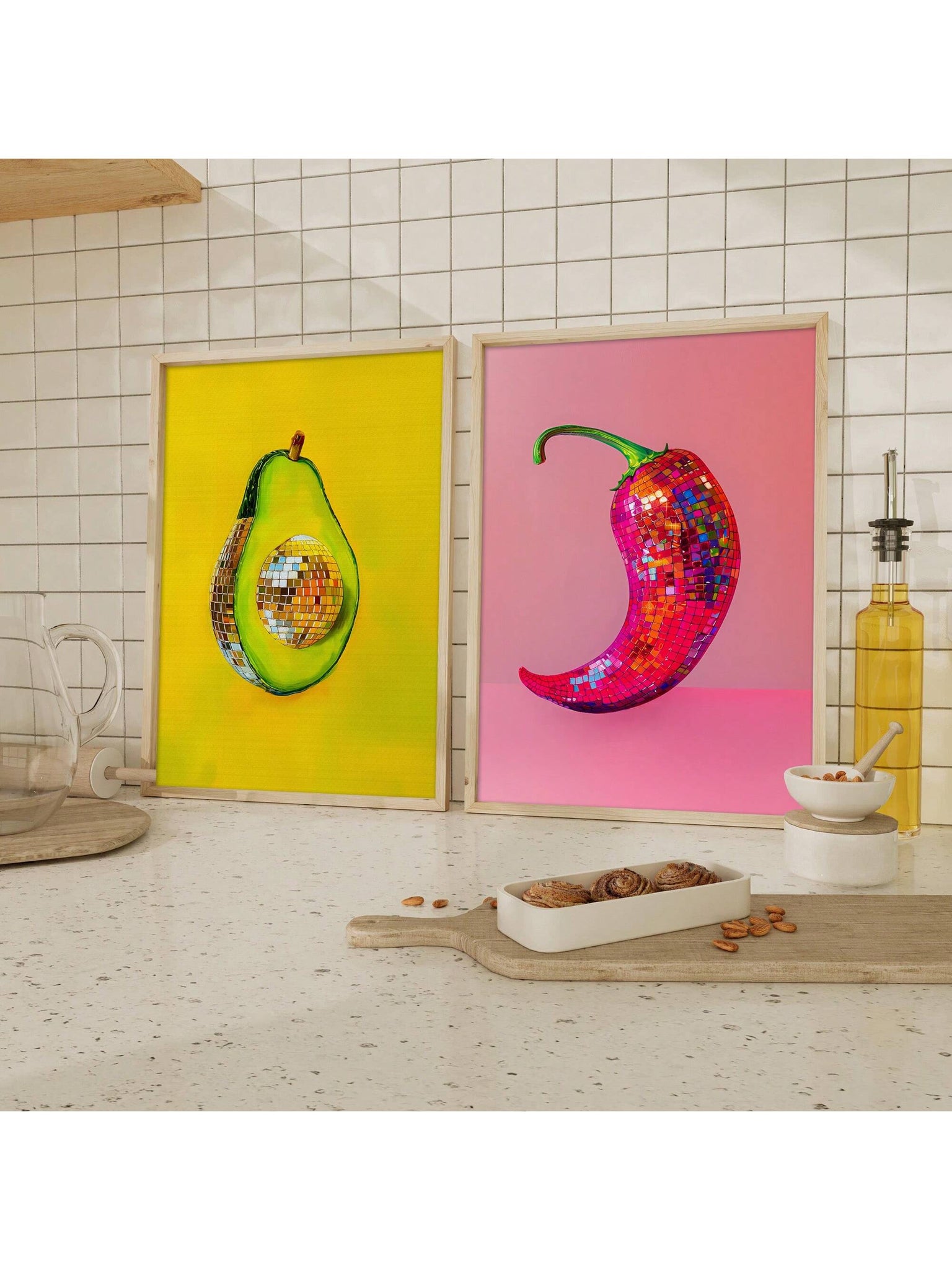 Elevate your kitchen or dorm space with these Maximalist Food Illustration Canvas Prints featuring a vibrant disco ball chili pepper and avocado design. Crafted to add a bold, artistic flair, this wall art combines playful imagery with vivid colors, enhancing any room's aesthetic. Perfect for food lovers and art enthusiasts alike, these prints bring a unique, contemporary touch that sparks conversation and livens up your decor. Durable and visually striking, they are an expert choice for those seeking to bl