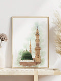 Watercolor mosque canvas poster with green dome and slender minarets