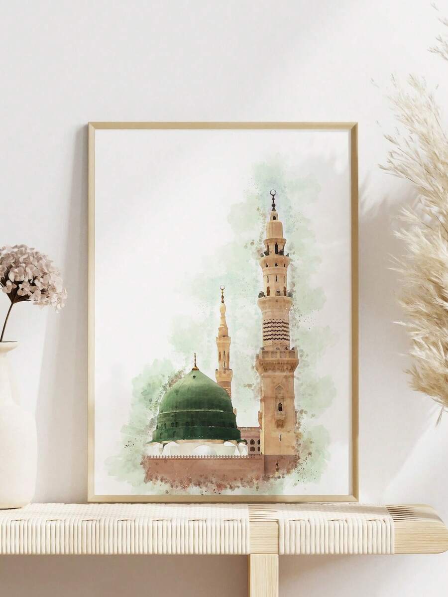 Watercolor mosque canvas poster with green dome and slender minarets