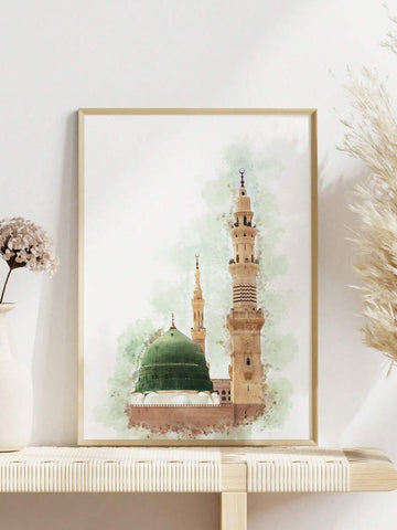 Watercolor mosque canvas poster with green dome and slender minarets
