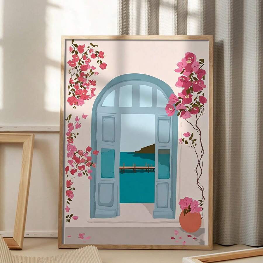 Mediterranean Arch Bougainvillea & Sea View Minimalist Landscape Canvas Poster 