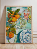 Painterly orange print poster with blue white plate and fresh dining room colors
