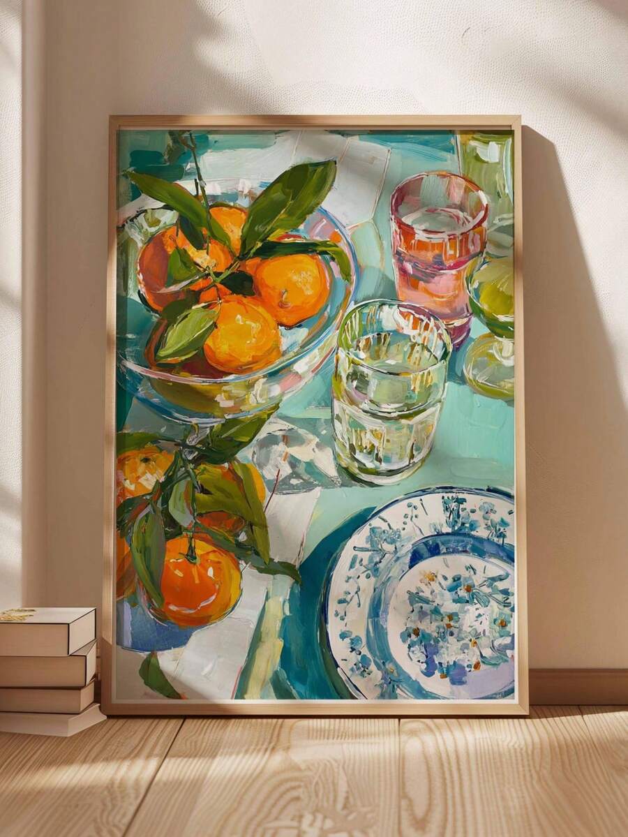 Vertical citrus canvas print with oranges glassware and blue plate on teal background