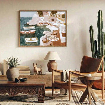 Framed Mediterranean coastal canvas wall art in warm living room