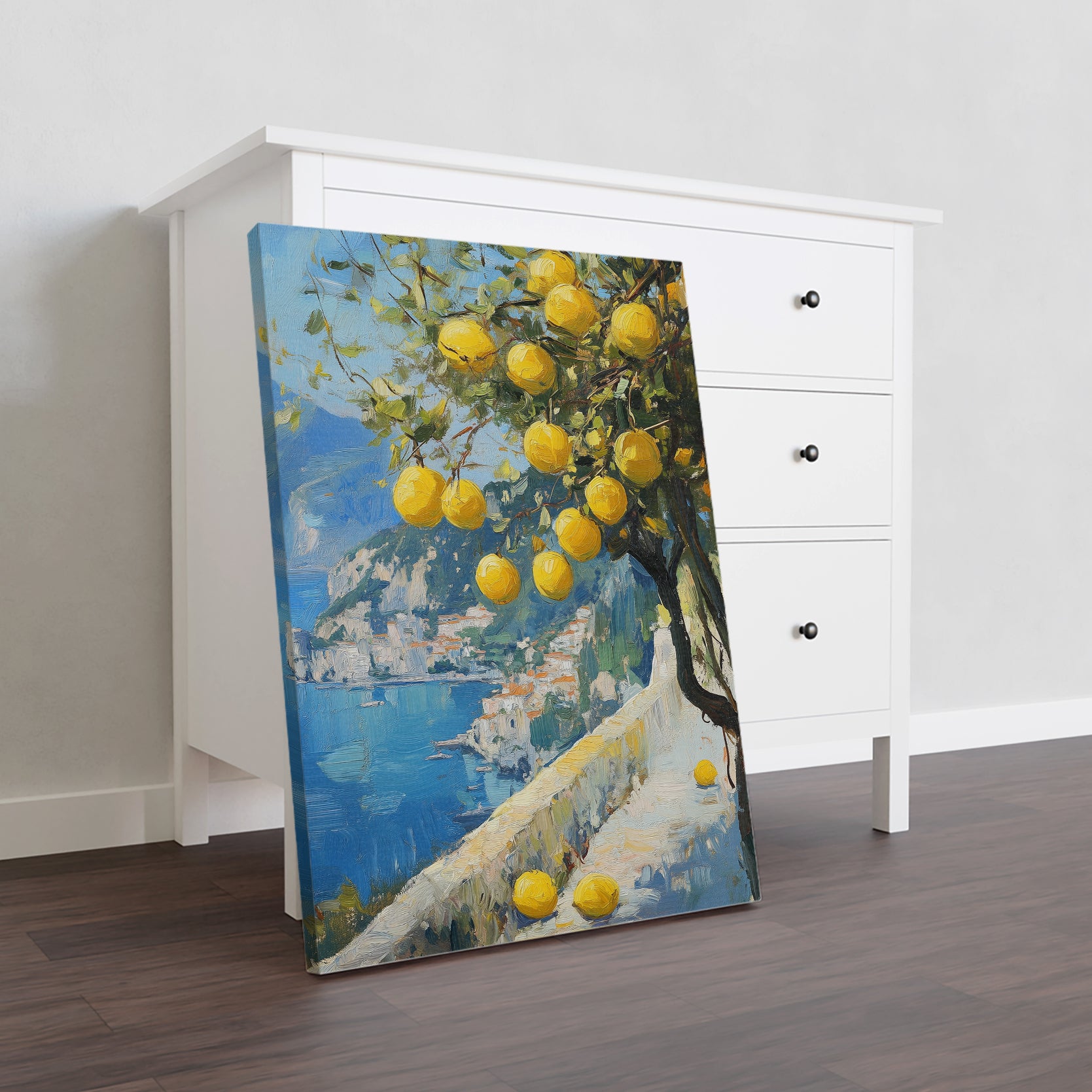 Transform your living space into a serene Mediterranean coastal oasis with our stunning canvas wall art. Featuring a picturesque Amalfi coast lemon tree painting, this piece adds a touch of tranquility to any room. Perfect for sprucing up a living room, creating a beautiful sofa backdrop, or adding a bedside decoration to your bedroom. Elevate your home decor with this gorgeous piece of art.