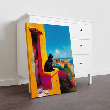 Bring Mediterranean charm into your home with this striking canvas wall art featuring a black cat silhouette against a coastal-inspired backdrop. The minimalist design captures the essence of seaside living while the bold feline silhouette adds contemporary character to any room.