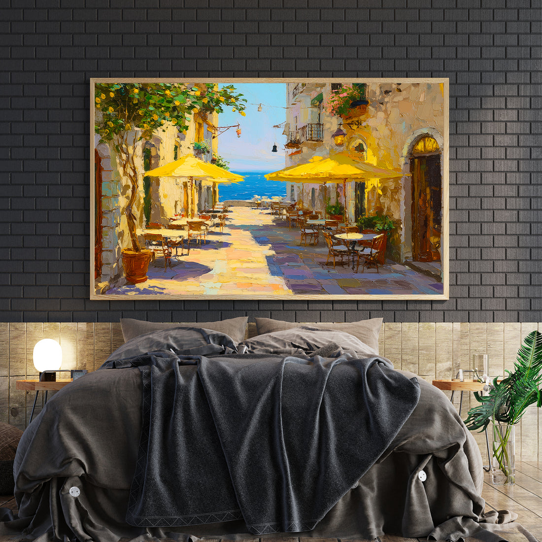 Transport your space to the sun-drenched streets of the Mediterranean with this captivating canvas wall art. Featuring a charming European cafe scene bathed in golden light, complete with iconic yellow umbrellas and authentic coastal architecture, this piece evokes the warmth and leisurely elegance of seaside living. The vibrant color palette and inviting composition make it an ideal focal point for living rooms, bedroom walls, or above sofas, instantly elevating your home decor with European sophistication