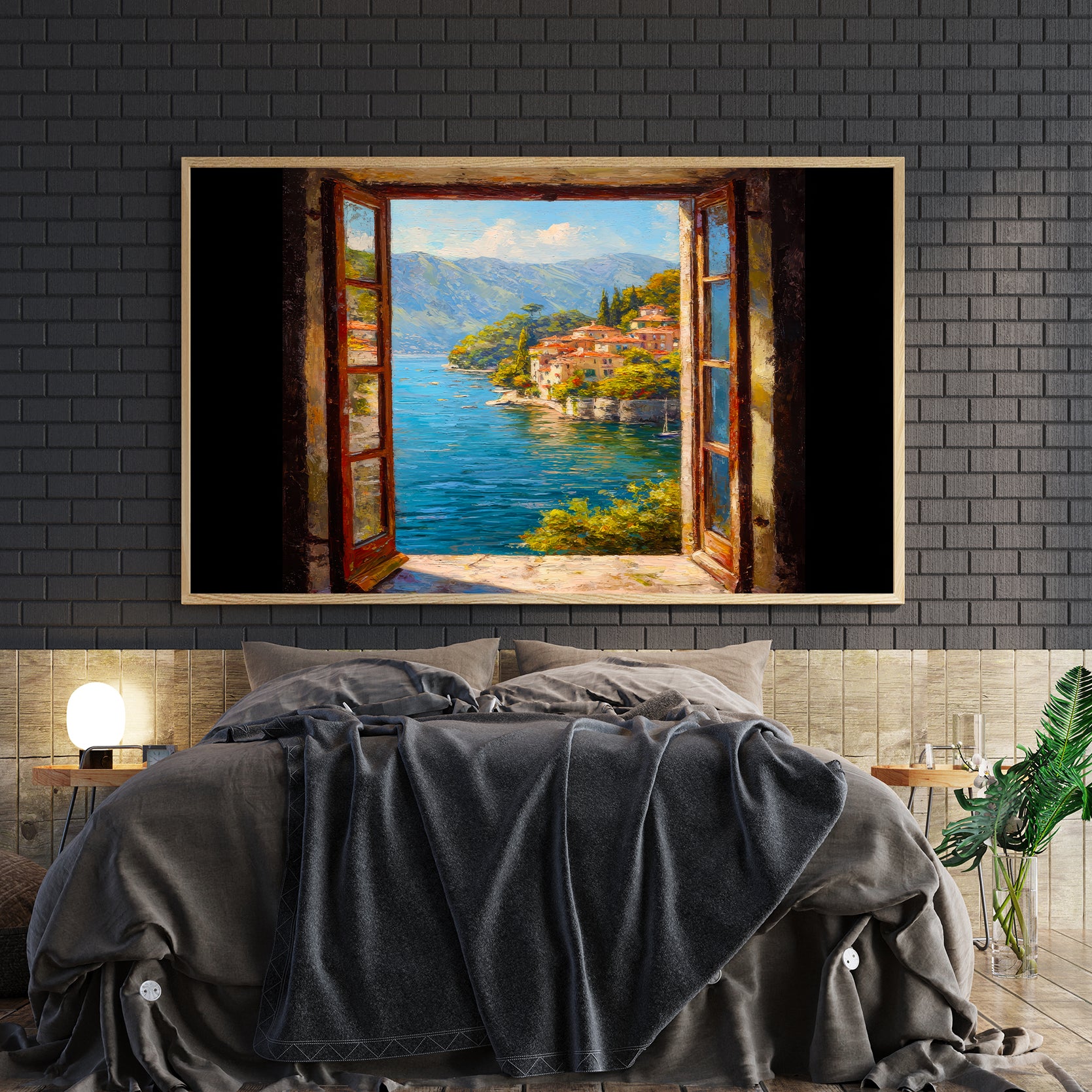 Transport your space to the sun-drenched shores of the Mediterranean with this captivating canvas wall art. Featuring a serene window-framed view of crystalline ocean waters and charming coastal villages, this piece brings authentic European elegance to any room. The composition's depth and perspective create an immersive escape, making it ideal for living rooms, bedrooms, or above sofas where it serves as a sophisticated focal point. High-quality canvas construction ensures lasting vibrancy and durability.