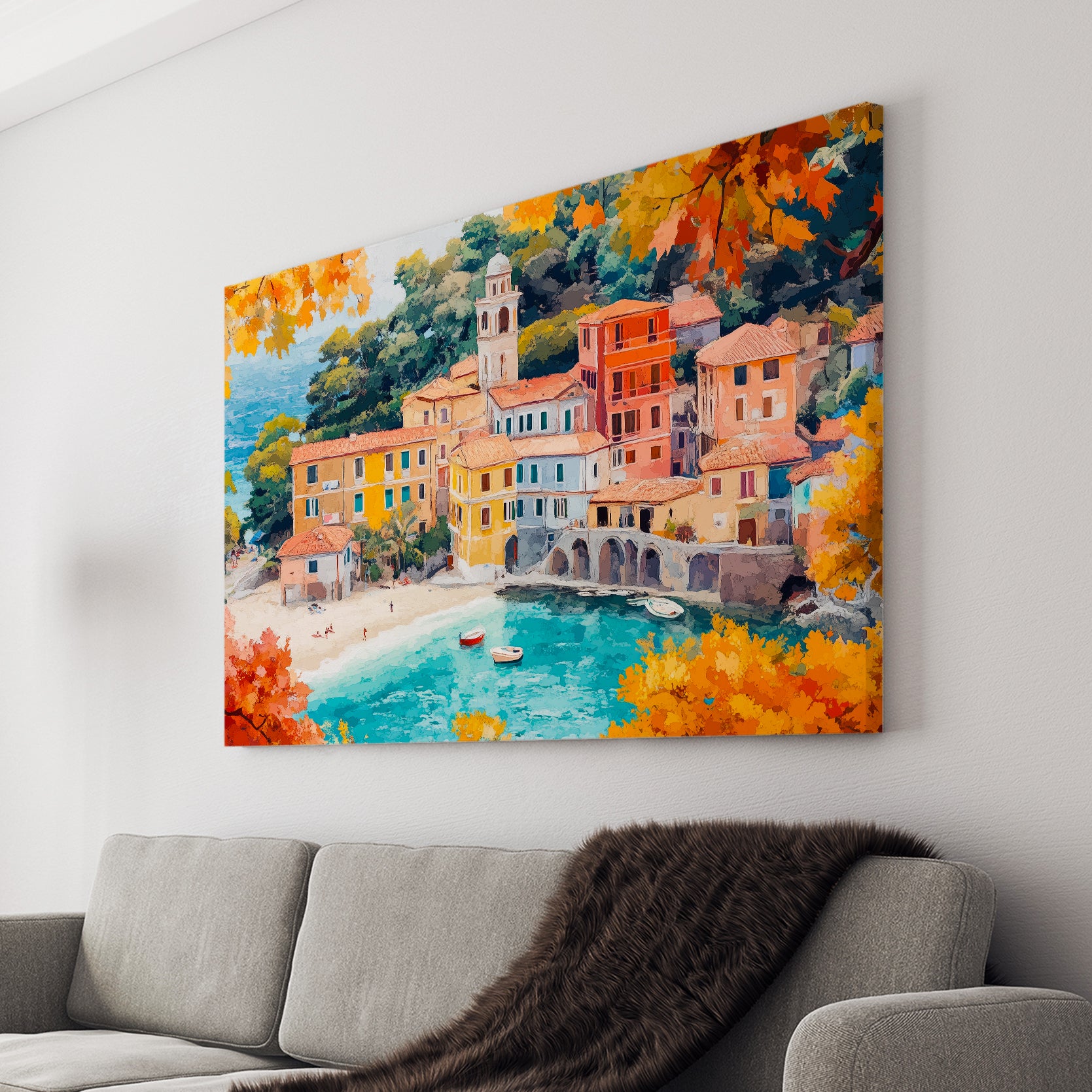 Transform your living room, sofa backdrop or bedside with our Mediterranean Coastal Village Canvas Wall Art. This Italian Riviera Seascape Painting evokes a serene seaside atmosphere with its stunning portrayal. Elevate your home decor with this picturesque piece that will transport you to the idyllic Mediterranean coast.