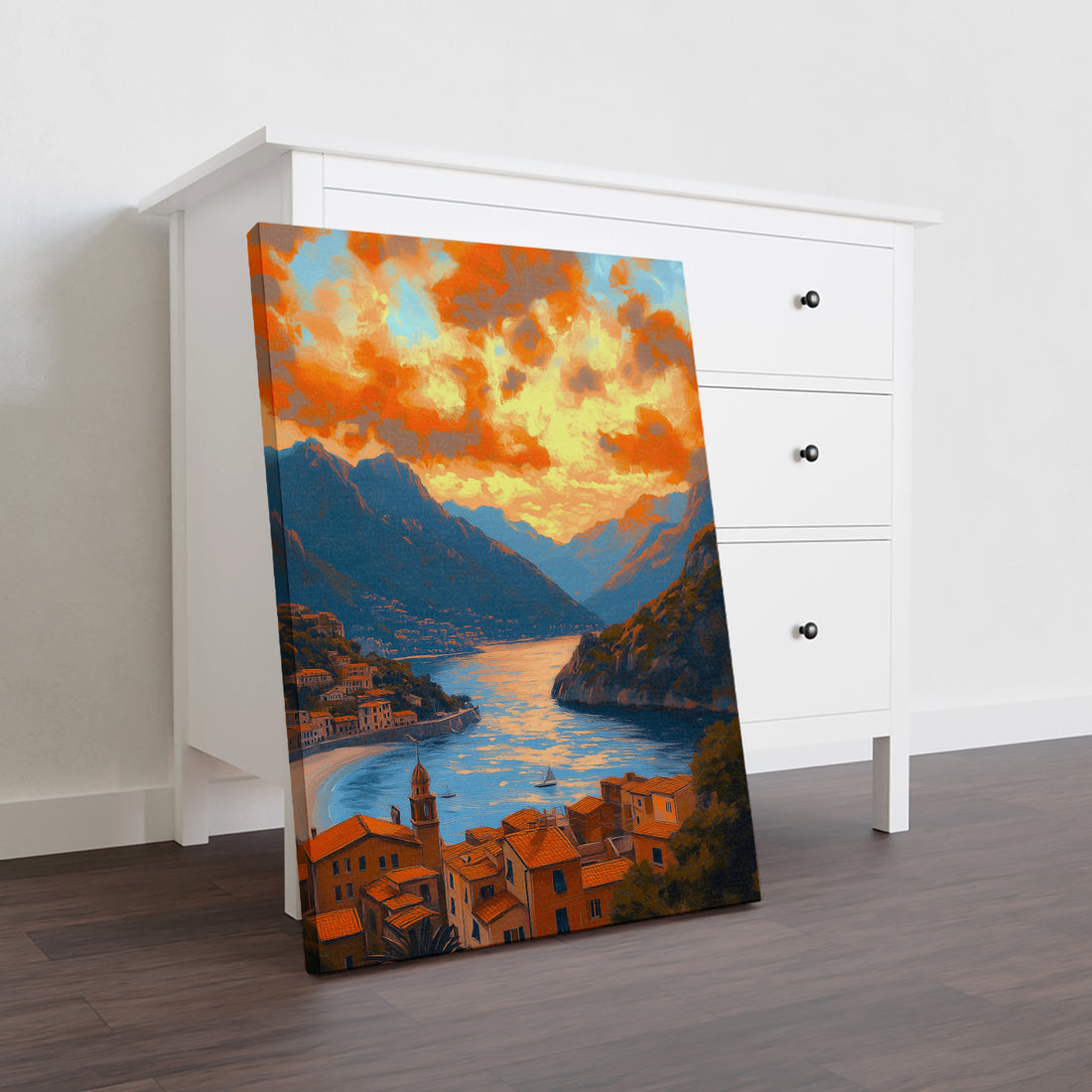 Experience the serene beauty of the Mediterranean coast with our canvas wall art. Featuring a stunning sunset over a mountain lake, this landscape print will elevate any room as a living room, sofa backdrop, or bedside decoration. Add a touch of tranquility and elegance to your home decor.