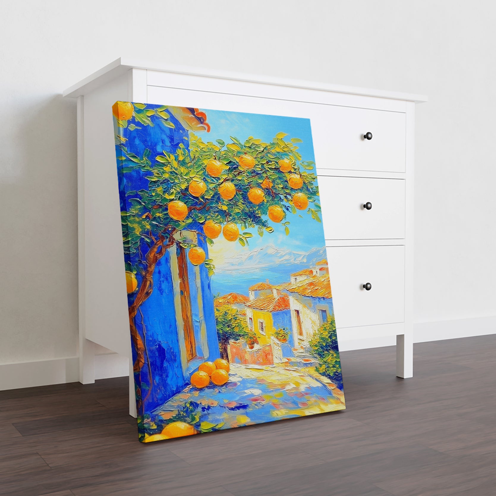 Mediterranean Orange Tree Canvas Wall Art, Vibrant Textured Oil Painting