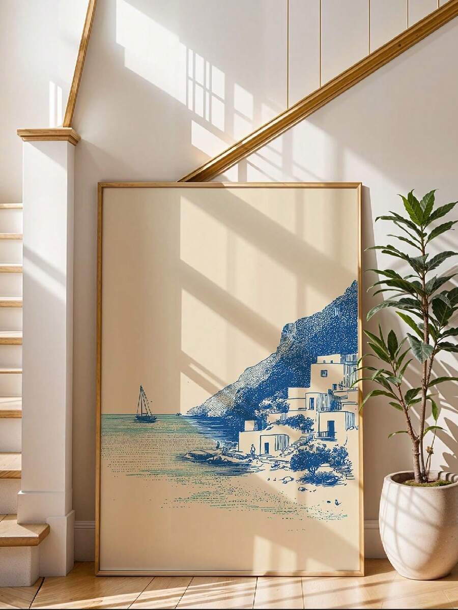 Blue sketch of Mediterranean seaside village canvas print in warm sunlit stairway display
