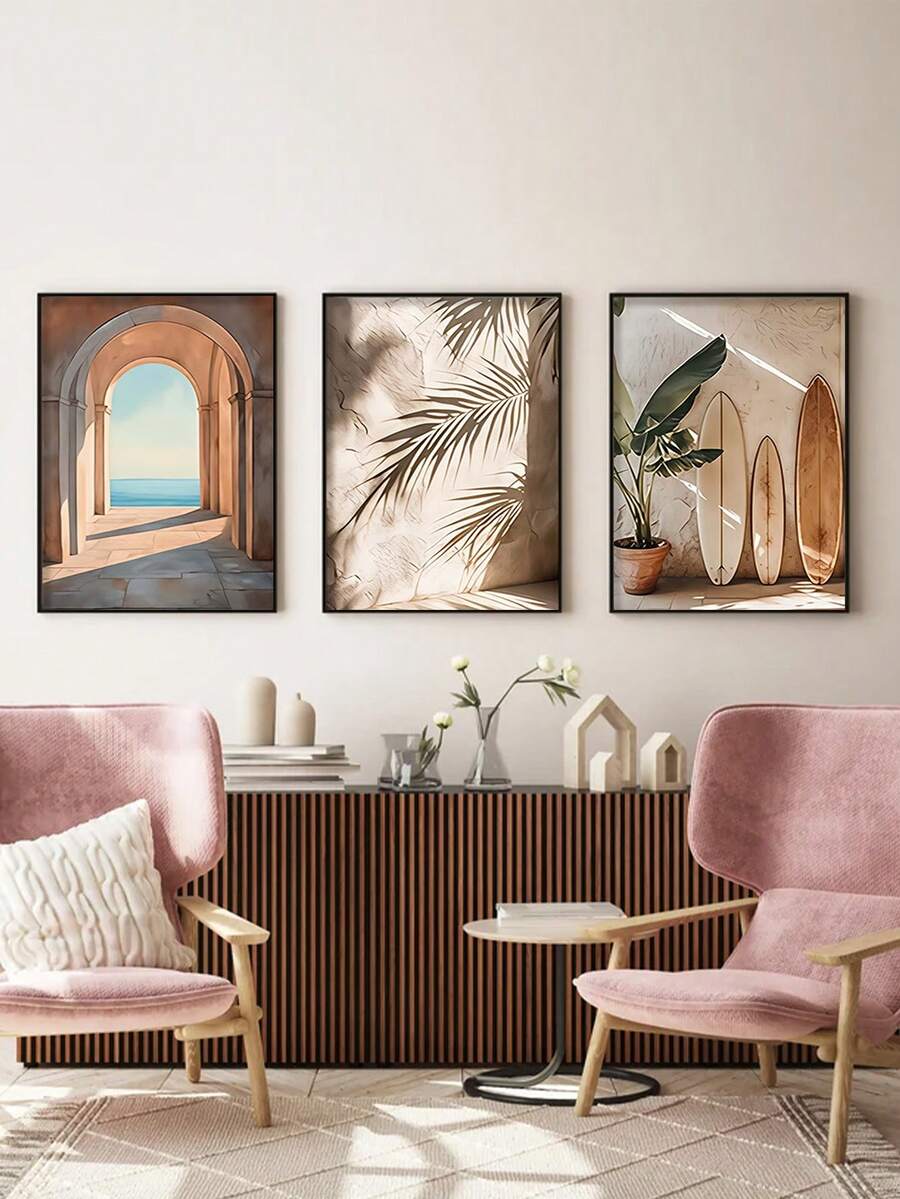 Mediterranean coastal triptych with sea arch palm shadows and surfboards above a cabinet