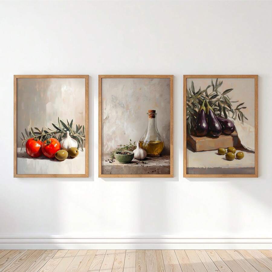 Three Mediterranean vegetable still life prints in natural look frames