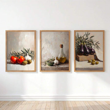 Three Mediterranean vegetable still life prints in natural look frames