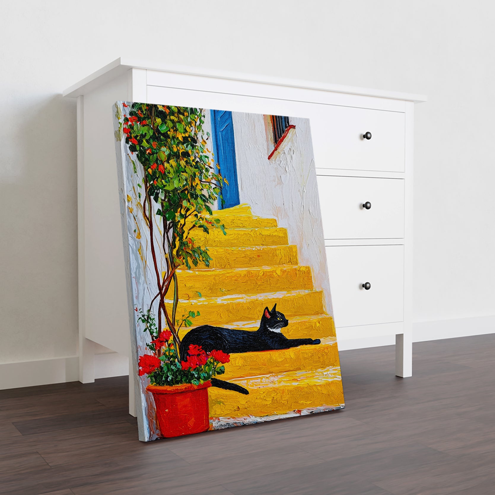 Transport your space to the sun-drenched shores of the Mediterranean with this captivating canvas art. Featuring a charming black cat perched on vibrant yellow stairs adorned with blooming red flowers, this piece captures the essence of coastal European charm. The warm color palette and whimsical composition create an inviting focal point perfect for living rooms, bedrooms, or above sofas.